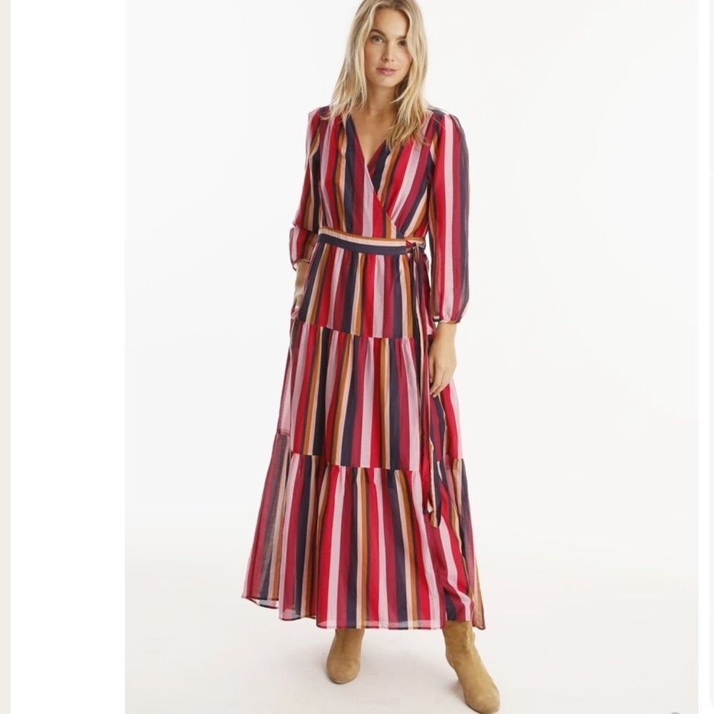 XIRENA Tilda Silk Cotton Blend Multi-Color Striped Long Sleeve Wrap Dress XS